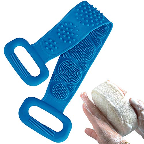 YMG Cepillo Corporal de Baño de Silicona y Cepillo Depurador de Esponja de Lufa, Exfoliante de Cuerpo Largo de Silicona Exfoliante, Toalla de Baño para Removedor de Piel Muerta,Bien para Lavar,Azul