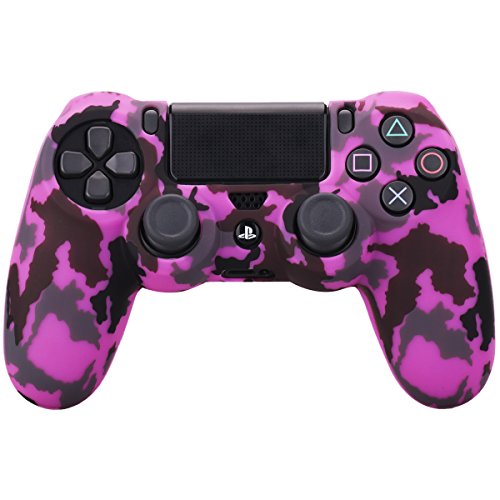 YoRHa Transferencia de agua camuflaje de impresión silicona caso piel Fundas protectores cubierta para Sony PS4/slim/Pro Mando x 2(verde + rosa oscuro) Con PRO los puños pulgar thumb gripsx 8