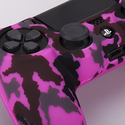 YoRHa Transferencia de agua camuflaje de impresión silicona caso piel Fundas protectores cubierta para Sony PS4/slim/Pro Mando x 2(verde + rosa oscuro) Con PRO los puños pulgar thumb gripsx 8