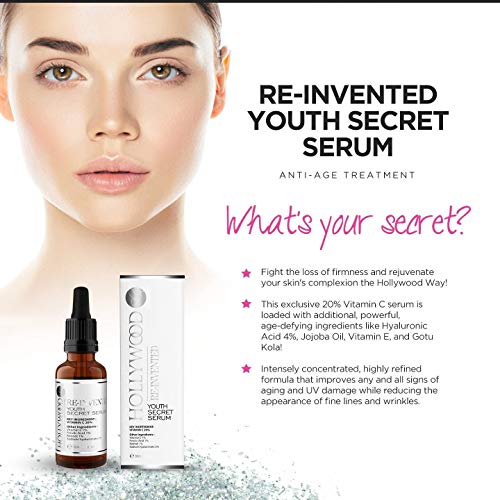 Youth Secret Serum - 20% de Vitamina C + 4% ¡de Ácido Hialurónico! 4 veces más FUERTE que tratamientos anti-edad regulares. ¡EFECTO BOTOX! 30ml.