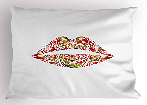 Ytavv Kiss Pillow Sham, Lush Lips with Red and Green Leaf Pattern Artistic and Floral Abstract Display, Decorative Standard Queen Size Printed Pillowcase, 30 X 20 Inches, Red Green White