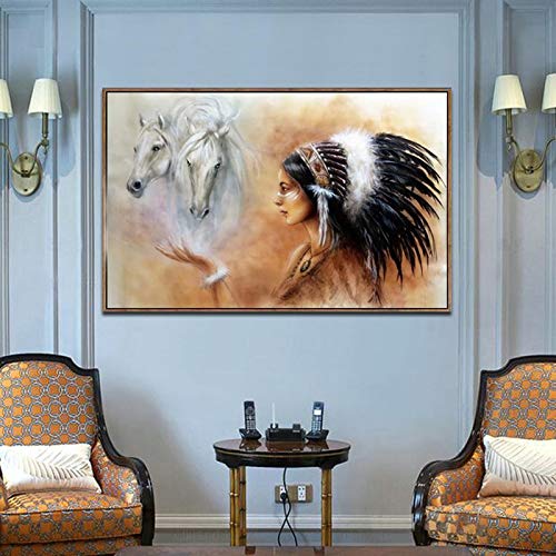 YuanMinglu Caballo y Mujer vistiendo Pluma Lienzo Mural salón Estilo nórdico Lienzo decoración sin Marco Pintura 50x75cm