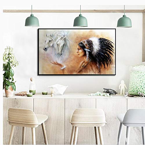 YuanMinglu Caballo y Mujer vistiendo Pluma Lienzo Mural salón Estilo nórdico Lienzo decoración sin Marco Pintura 50x75cm