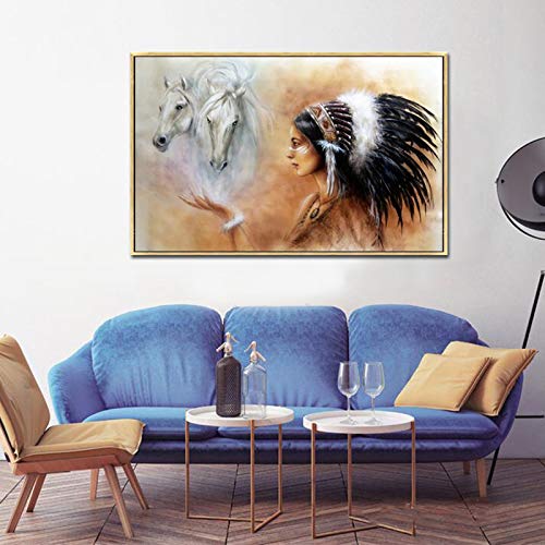 YuanMinglu Caballo y Mujer vistiendo Pluma Lienzo Mural salón Estilo nórdico Lienzo decoración sin Marco Pintura 50x75cm