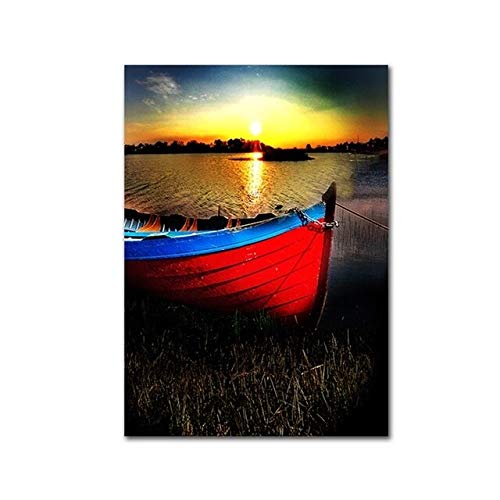 YuanMinglu Cartel nórdico Art Deco Lindo Barco Lago Puesta de Sol Imagen Paisaje Marino Lienzo Modular Pared Imagen sin Marco 60x80cm