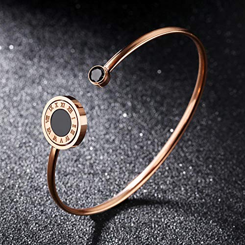 YUANOMSL Pulsera De Metal,Números Romanos Pulsera De Acero De Titanio Chapada En Oro Rosa De 18K Pastel Redondo Abertura Geométrica Pulsera De Regalo De Moda