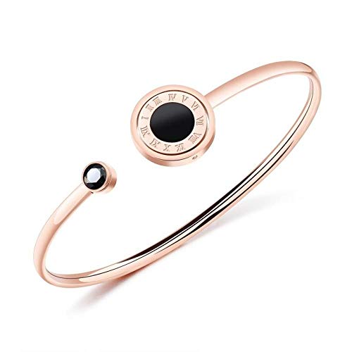 YUANOMSL Pulsera De Metal,Números Romanos Pulsera De Acero De Titanio Chapada En Oro Rosa De 18K Pastel Redondo Abertura Geométrica Pulsera De Regalo De Moda