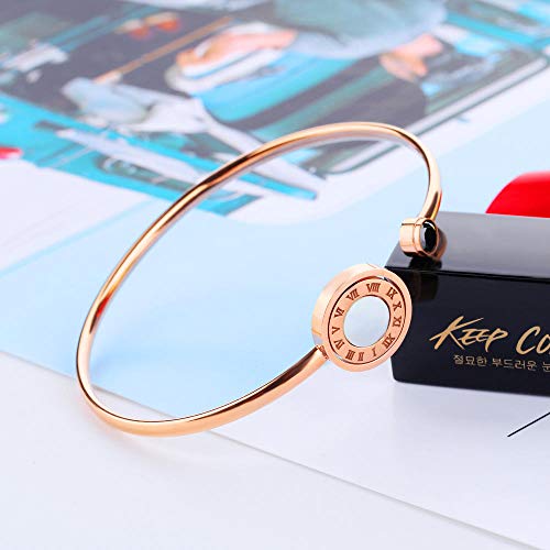 YUANOMSL Pulsera De Metal,Números Romanos Pulsera De Acero De Titanio Chapada En Oro Rosa De 18K Pastel Redondo Abertura Geométrica Pulsera De Regalo De Moda