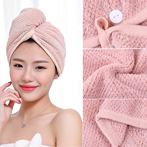 Yuning Toallas para Secar el Pelo, Turbante del Abrigo de Pelo Secado Rápido 2 pcs Toallas de Pelo Super Absorbent Microfibra con Turbante con Botón, Caqui & Rosado