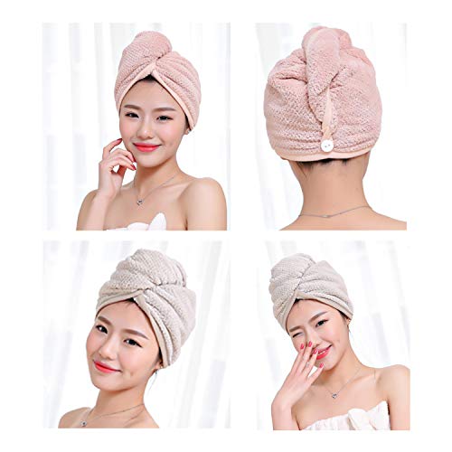 Yuning Toallas para Secar el Pelo, Turbante del Abrigo de Pelo Secado Rápido 2 pcs Toallas de Pelo Super Absorbent Microfibra con Turbante con Botón, Caqui & Rosado