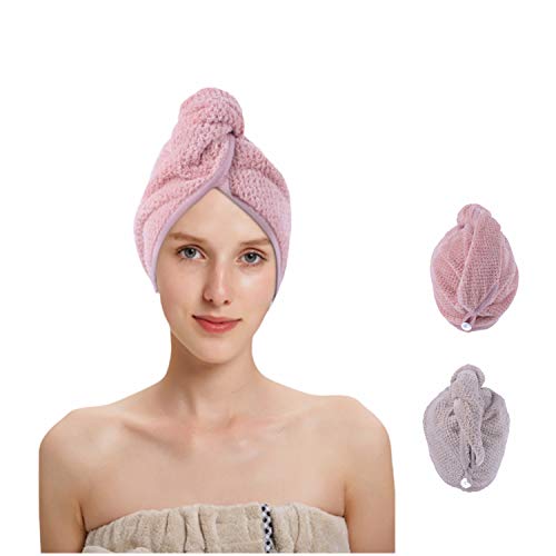 Yuning Toallas para Secar el Pelo, Turbante del Abrigo de Pelo Secado Rápido 2 pcs Toallas de Pelo Super Absorbent Microfibra con Turbante con Botón, Caqui & Rosado