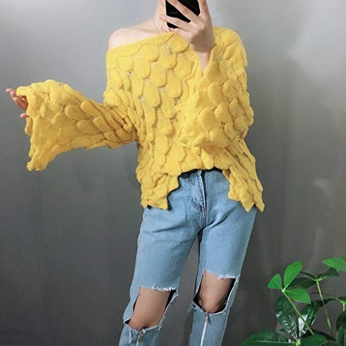 YWLINK Jersey De Manga Larga para Mujer Pluma Tejido Cuello Redondo SuéTer Sin Hombros Manga Campana Camisa Casual De Moda Camiseta Suelta OtoñO Fiesta/Diario(Amarillo,)