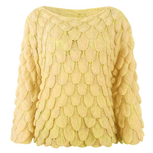 YWLINK Jersey De Manga Larga para Mujer Pluma Tejido Cuello Redondo SuéTer Sin Hombros Manga Campana Camisa Casual De Moda Camiseta Suelta OtoñO Fiesta/Diario(Amarillo,)