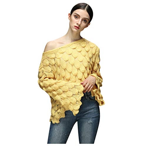 YWLINK Jersey De Manga Larga para Mujer Pluma Tejido Cuello Redondo SuéTer Sin Hombros Manga Campana Camisa Casual De Moda Camiseta Suelta OtoñO Fiesta/Diario(Amarillo,)