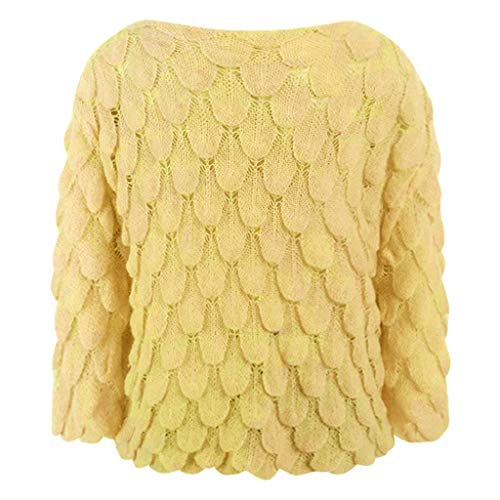 YWLINK Jersey De Manga Larga para Mujer Pluma Tejido Cuello Redondo SuéTer Sin Hombros Manga Campana Camisa Casual De Moda Camiseta Suelta OtoñO Fiesta/Diario(Amarillo,)