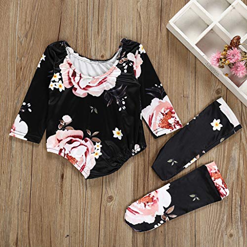 YWLINK ♥Mono De Bebe NiñA Verano 2PC Conjuntos Mono Estampado Floral Traje De Rastreo+Cubierta del Pie Calcetines Lindo Vestido De NiñA para Bautizo Regalo del DíA De Miembro(Negro,0-6 meses/70)