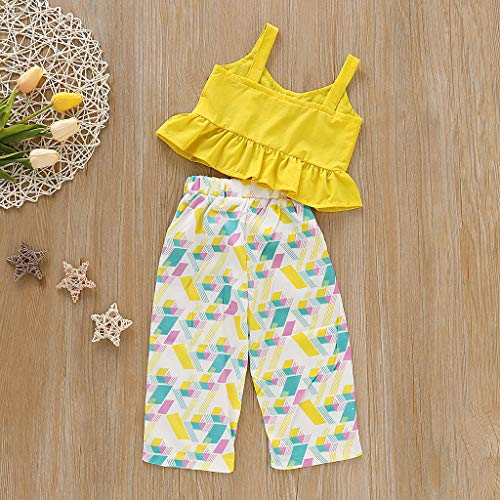 YWLINK Verano Mezcla De AlgodóN Conjunto NiñAs Sin Mangas Camisola Volante Arriba Manga Corta Camiseta+Arco PatróN GeoméTrico Los Pantalones Traje De 2 Piezas Lindo Vestido(Amarillo,2-3 años/110)