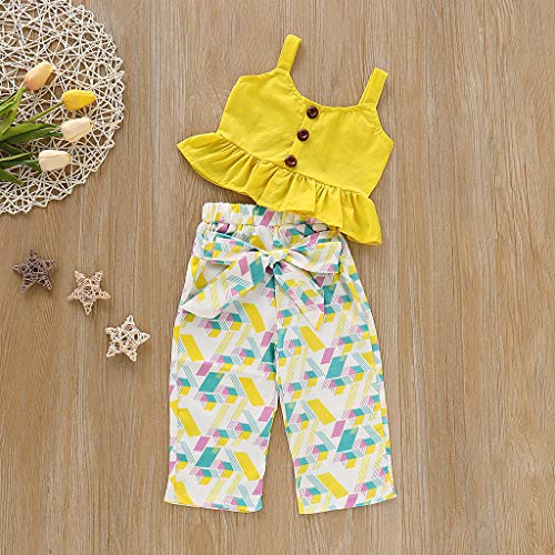 YWLINK Verano Mezcla De AlgodóN Conjunto NiñAs Sin Mangas Camisola Volante Arriba Manga Corta Camiseta+Arco PatróN GeoméTrico Los Pantalones Traje De 2 Piezas Lindo Vestido(Amarillo,2-3 años/110)
