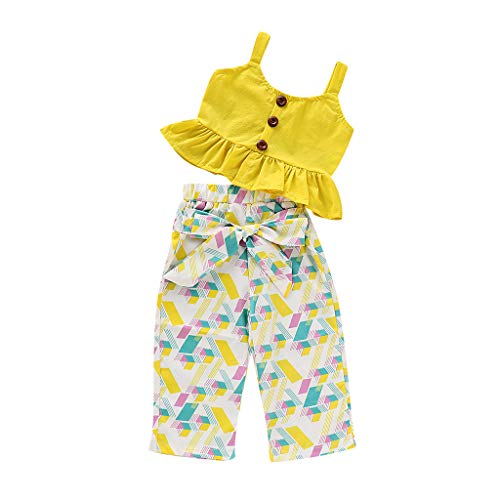YWLINK Verano Mezcla De AlgodóN Conjunto NiñAs Sin Mangas Camisola Volante Arriba Manga Corta Camiseta+Arco PatróN GeoméTrico Los Pantalones Traje De 2 Piezas Lindo Vestido(Amarillo,2-3 años/110)