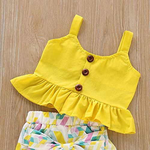 YWLINK Verano Mezcla De AlgodóN Conjunto NiñAs Sin Mangas Camisola Volante Arriba Manga Corta Camiseta+Arco PatróN GeoméTrico Los Pantalones Traje De 2 Piezas Lindo Vestido(Amarillo,2-3 años/110)