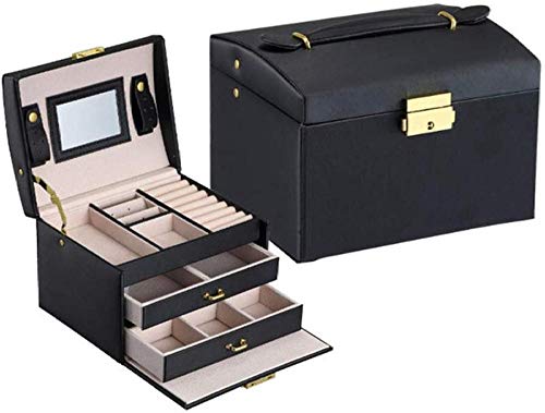 YYANG Joyero con Cerradura Y Espejo Regalo Organizador De Joyería De Viaje con Cerradura para Mujeres 17.5X14x13cm,Black