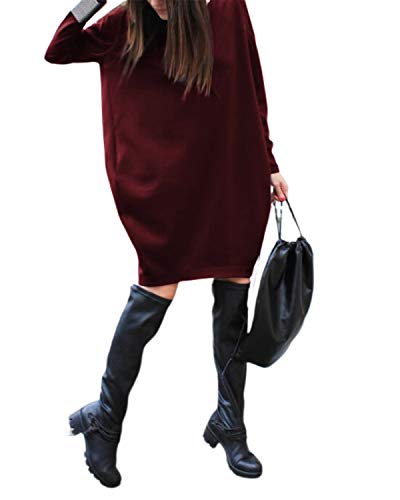 ZANZEA Vestidos Sudadera Mujer Cuello V Manga Larga Otoño Jerseys de Punto Mujer Largos Casual Tallas Grandes Rojo Vino S