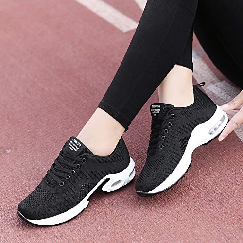 Zapatillas Deportivas de Mujer Air Cordones Zapatillas de Running Fitness Sneakers 4cm Negro-1 38