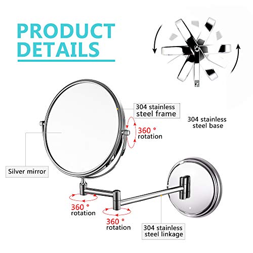 ZEHNHASE Espejo de Maquillaj 8 Pulgadas, 1X/5X Aumento Espejos de Aumento de Pared de Doble Cara Giratorio Espejos Extensibles para Baño y Tocador