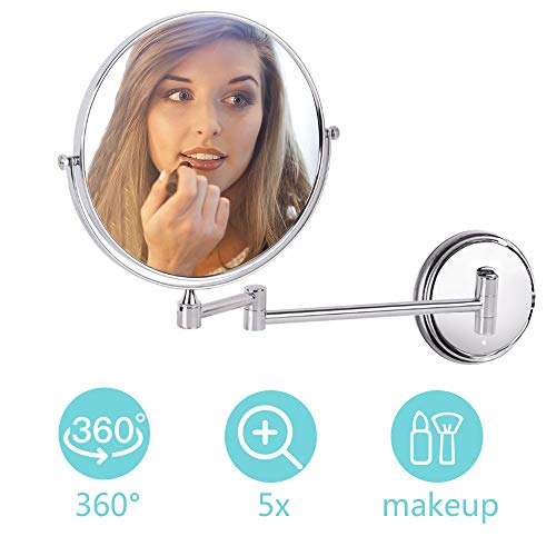 ZEHNHASE Espejo de Maquillaj 8 Pulgadas, 1X/5X Aumento Espejos de Aumento de Pared de Doble Cara Giratorio Espejos Extensibles para Baño y Tocador
