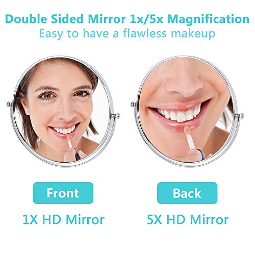 ZEHNHASE Espejo de Maquillaj 8 Pulgadas, 1X/5X Aumento Espejos de Aumento de Pared de Doble Cara Giratorio Espejos Extensibles para Baño y Tocador