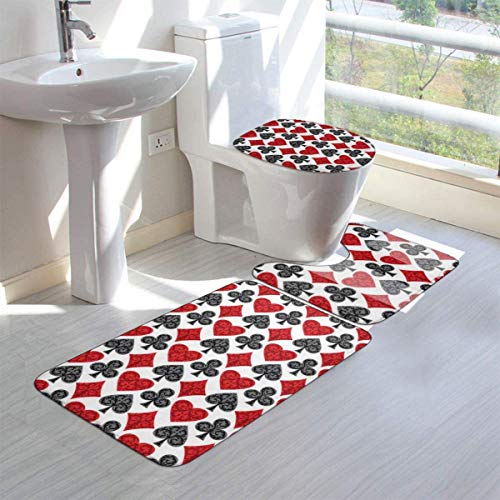 ZhangYu Alfombra del Piso Playing Card 3 Pieces Bathroom Rugs Set Absorbent Bath Mats Anti-Slip U-Shape Contoured Toilet Mat & 15.7x23.6 Rug & 1 Lid Cover for Indoor Bathroom Tub Shower