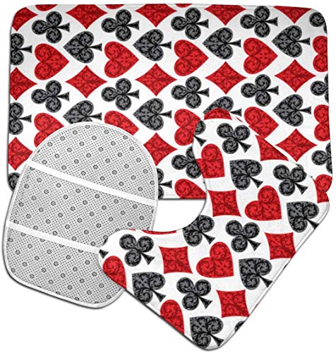 ZhangYu Alfombra del Piso Playing Card 3 Pieces Bathroom Rugs Set Absorbent Bath Mats Anti-Slip U-Shape Contoured Toilet Mat & 15.7x23.6 Rug & 1 Lid Cover for Indoor Bathroom Tub Shower