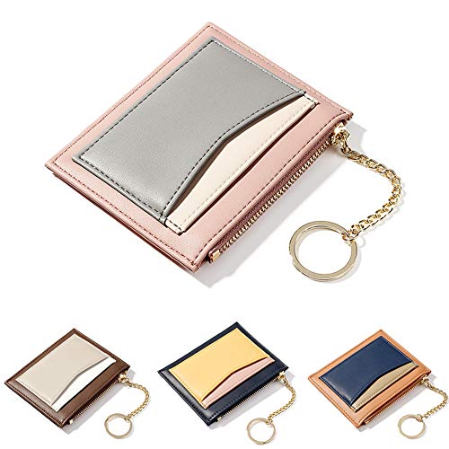 ZhaoCo Tarjetero para Tarjetas de Crédito para Mujer, Cuero PU Pequeño Monederos Cartera Tarjetero con Cremallera y Llavero para Mujer Señoras (Rosado)