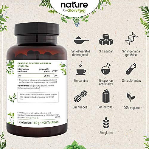 Zinc 25mg Alta dosificación - 400 Tabletas Premium Bisglicinato de Zinc puro (Quelato de Zinc)- Zinc elemental de alta biodisponibilidad - Producción probada en laboratorio en Alemania