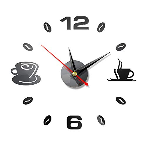 ZSooner - Reloj de pared de acrílico 3D, diseño de taza de café DIY pegatinas 3D reloj silencioso para el hogar/oficina/restaurante – 43 x 43 cm, No nulo, Plateado espejo., Tamaño libre