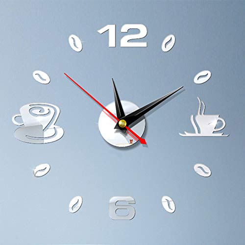 ZSooner - Reloj de pared de acrílico 3D, diseño de taza de café DIY pegatinas 3D reloj silencioso para el hogar/oficina/restaurante – 43 x 43 cm, No nulo, Plateado espejo., Tamaño libre