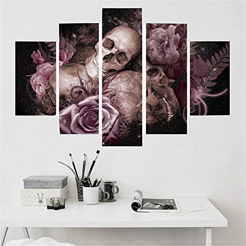 ZTHHS Arte de Pared de Lona Cráneo Humano Fondo de Rosas Imágenes de Obras de Arte 5pcs/Set Víspera de Todos los Santos para Bar Home Hotel Decoración de Pared de Arte (Sin Marco),50''Wx24''H