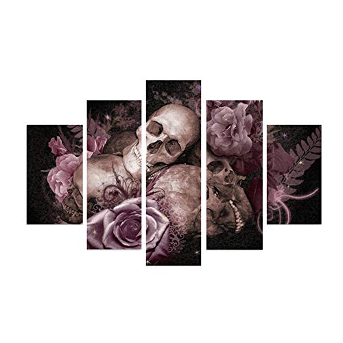 ZTHHS Arte de Pared de Lona Cráneo Humano Fondo de Rosas Imágenes de Obras de Arte 5pcs/Set Víspera de Todos los Santos para Bar Home Hotel Decoración de Pared de Arte (Sin Marco),50''Wx24''H