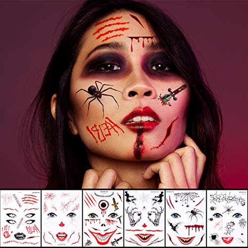 10 hojas Halloween Tatuaje Temporal Cara Zombie Cicatrices Pegatinas para Falso Sangre Especial Costume Maquillaje