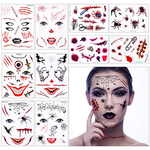 10 hojas Halloween Tatuaje Temporal Cara Zombie Cicatrices Pegatinas para Falso Sangre Especial Costume Maquillaje