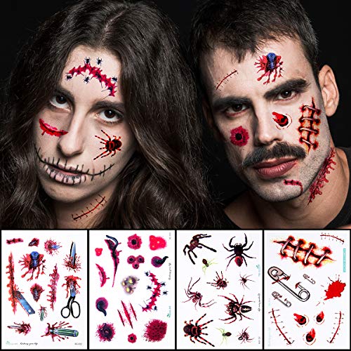 10 hojas Halloween Tatuaje Temporal Cara Zombie Cicatrices Pegatinas para Falso Sangre Especial Costume Maquillaje
