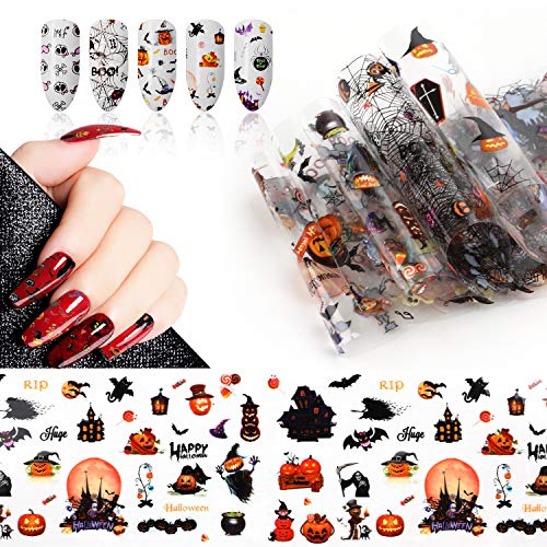 10 Rollos Halloween Nail Foil Transfer Sticker, Mwoot Mixta Color Papel Foil Transferencia Decoración Uñas Arte Manicura (4cm100cm)
