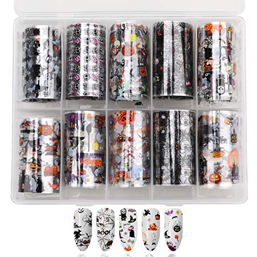 10 Rollos Halloween Nail Foil Transfer Sticker, Mwoot Mixta Color Papel Foil Transferencia Decoración Uñas Arte Manicura (4cm100cm)