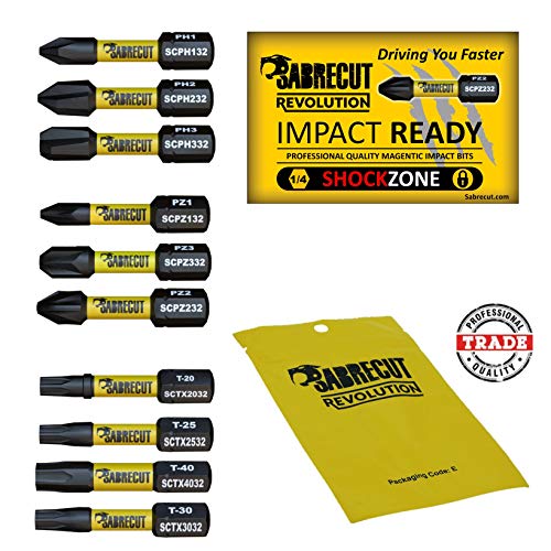 10 x SabreCut SCRK32 32mm destornillador de impacto magnético PZ1 PZ2 PZ3 PH1 PH2 PH3 TX20 TX25 TX30 TX40 Pozi Phillips Torx resistentes para Dewalt Milwaukee Bosch Makita y otros