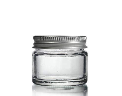 10 x tarros pequeños de vidrio transparente 15 ml con tape enroscado de aluminio EPE. Apropiado para bálsamo labial, hierbas, especias, crema facial, velas y ungüentos