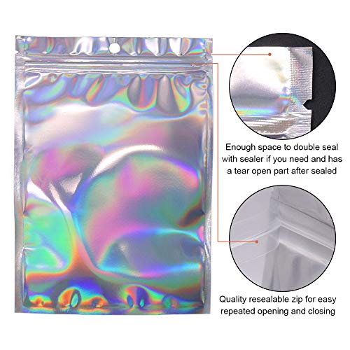 100 bolsas holográficas sellables ZipLock 14 x 19,8 cm, bolsa de muestra de Mylar resellable, bolsas de regalo para caramelos, meriendas, joyas, pestañas, brillo de labios
