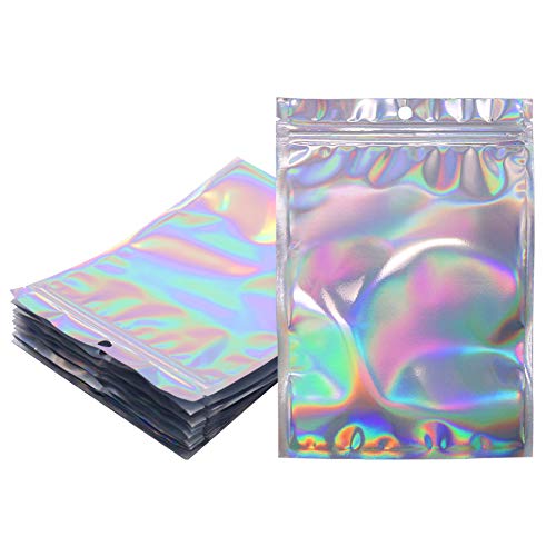 100 bolsas holográficas sellables ZipLock 14 x 19,8 cm, bolsa de muestra de Mylar resellable, bolsas de regalo para caramelos, meriendas, joyas, pestañas, brillo de labios