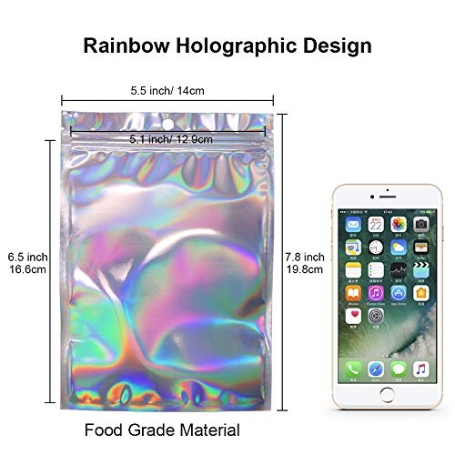 100 bolsas holográficas sellables ZipLock 14 x 19,8 cm, bolsa de muestra de Mylar resellable, bolsas de regalo para caramelos, meriendas, joyas, pestañas, brillo de labios