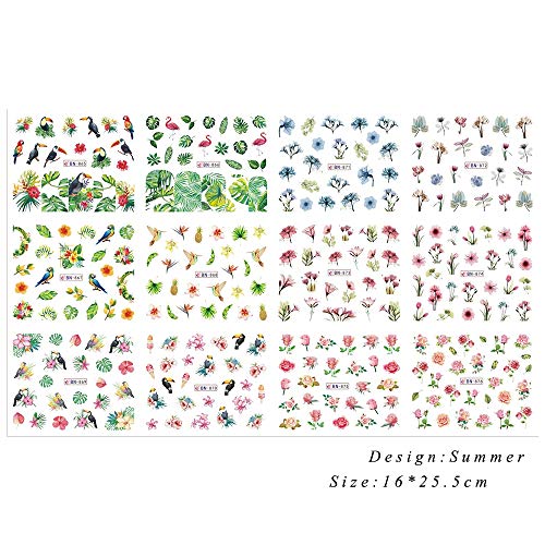 12 Summer Designs Nail Art Sticker Flamingos Parrot Flower Water Transfer Decals DIY Slider Manicure Stencil Tips SABN865-876