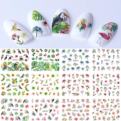 12 Summer Designs Nail Art Sticker Flamingos Parrot Flower Water Transfer Decals DIY Slider Manicure Stencil Tips SABN865-876